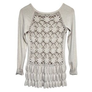 Sioni Open Crochet Back Sweater Womens M Tiered Ruffle Hem Long Sleeve Knit Boho